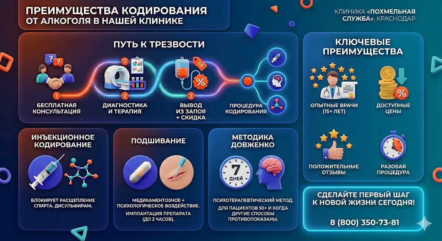 Инфографика о методах кодирования от алкоголя в Шахтёрске: инъекции, подшивание, метод Довженко. Преимущества клиники и этапы лечения.