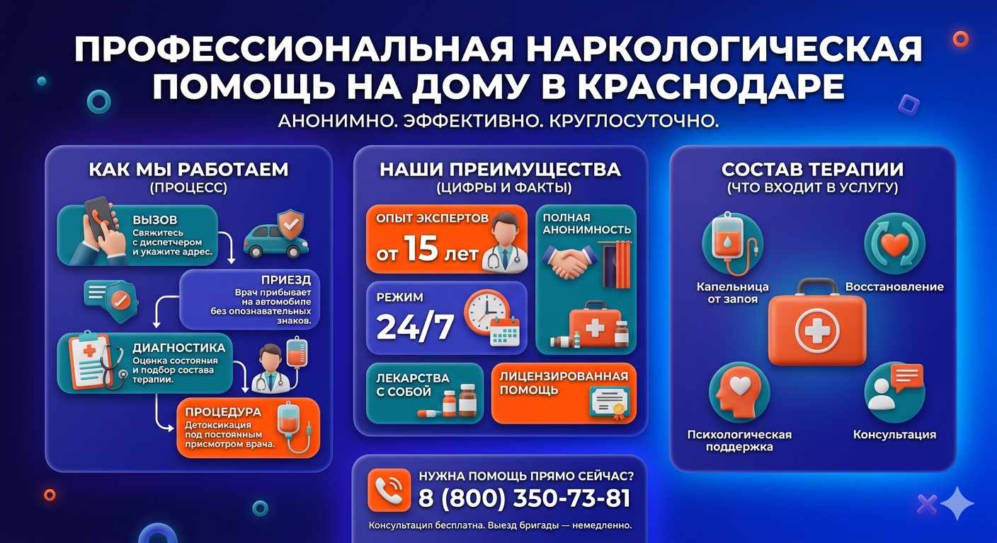 Инфографика о принципах лечения алкоголизма на дому в Шахтёрске: этапы вызова нарколога, преимущества анонимной детоксикации и состав медицинской помощи.